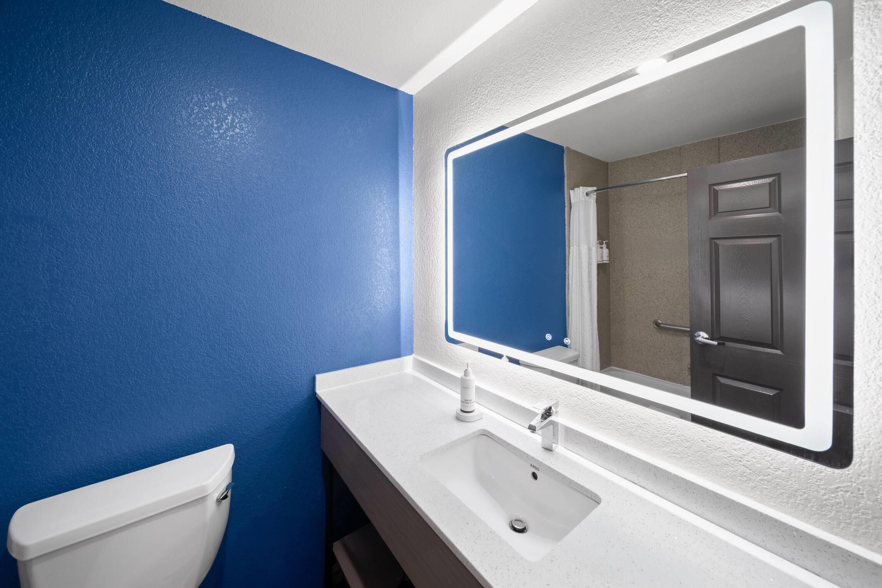 A bathroom with a white sink, a mirror, and a toilet.