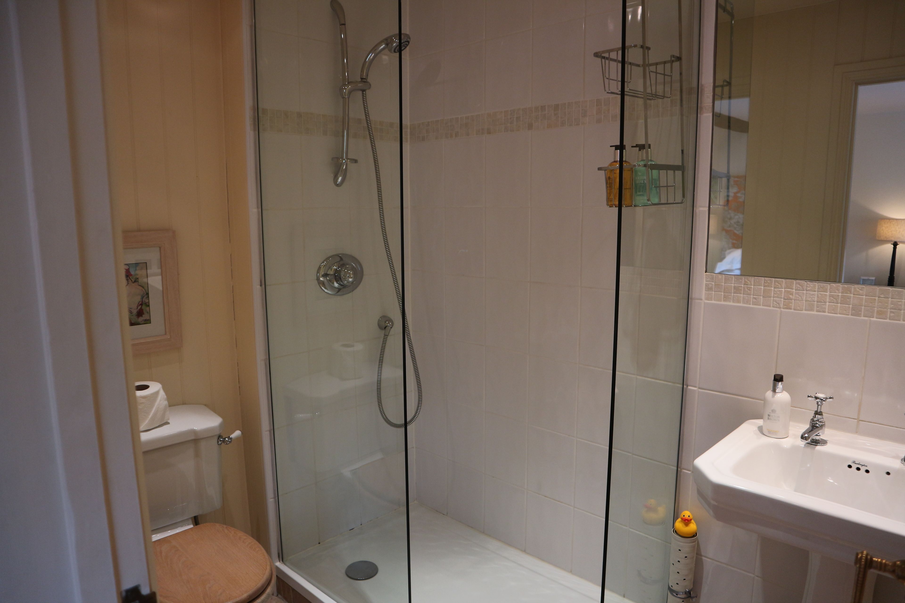 Une salle de bain avec une douche à parois de verre, des toilettes et un lavabo avec un miroir au-dessus.