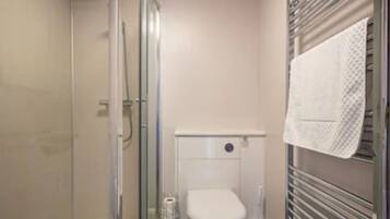 Ein kleines Badezimmer mit Duschkabine aus Glas, einer weißen Toilette und einem Handtuchhalter mit einem weißen Handtuch.