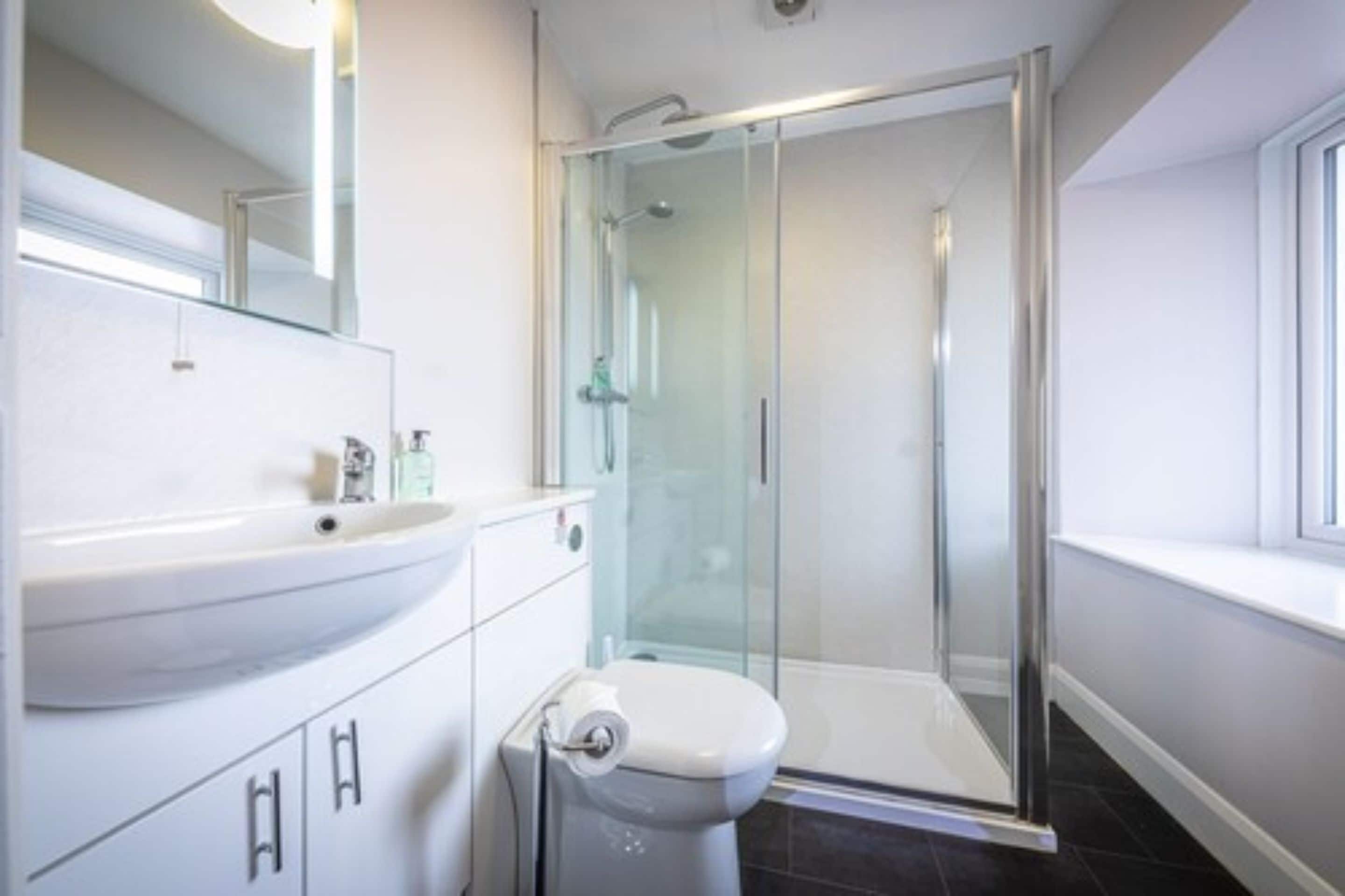 twin room, partial sea view (in uig lodge) | bathroom shower