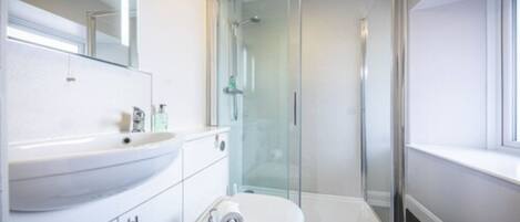 Un baño moderno con cabina de ducha de vidrio, un lavabo blanco y un inodoro.