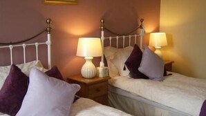 Two twin beds with white bedding and purple pillows, each with a bedside table and a lamp. - The Pack Horse (South Brent)