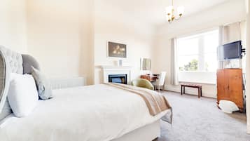 A bedroom with a large bed, a fireplace, a TV, and a window.