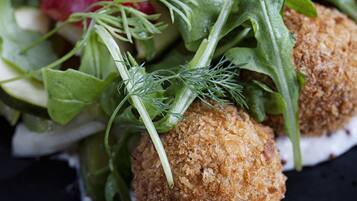 A close-up of a food dish with breaded balls, greens, and radishes.