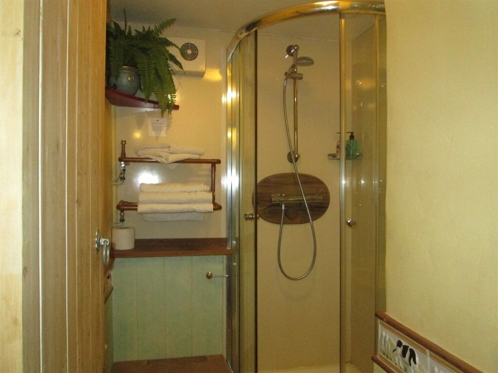 A glass-enclosed shower with a handheld showerhead and a handheld faucet.