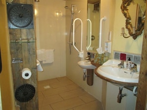 Bathroom features a sink, shower, and mirror with ornate frame.