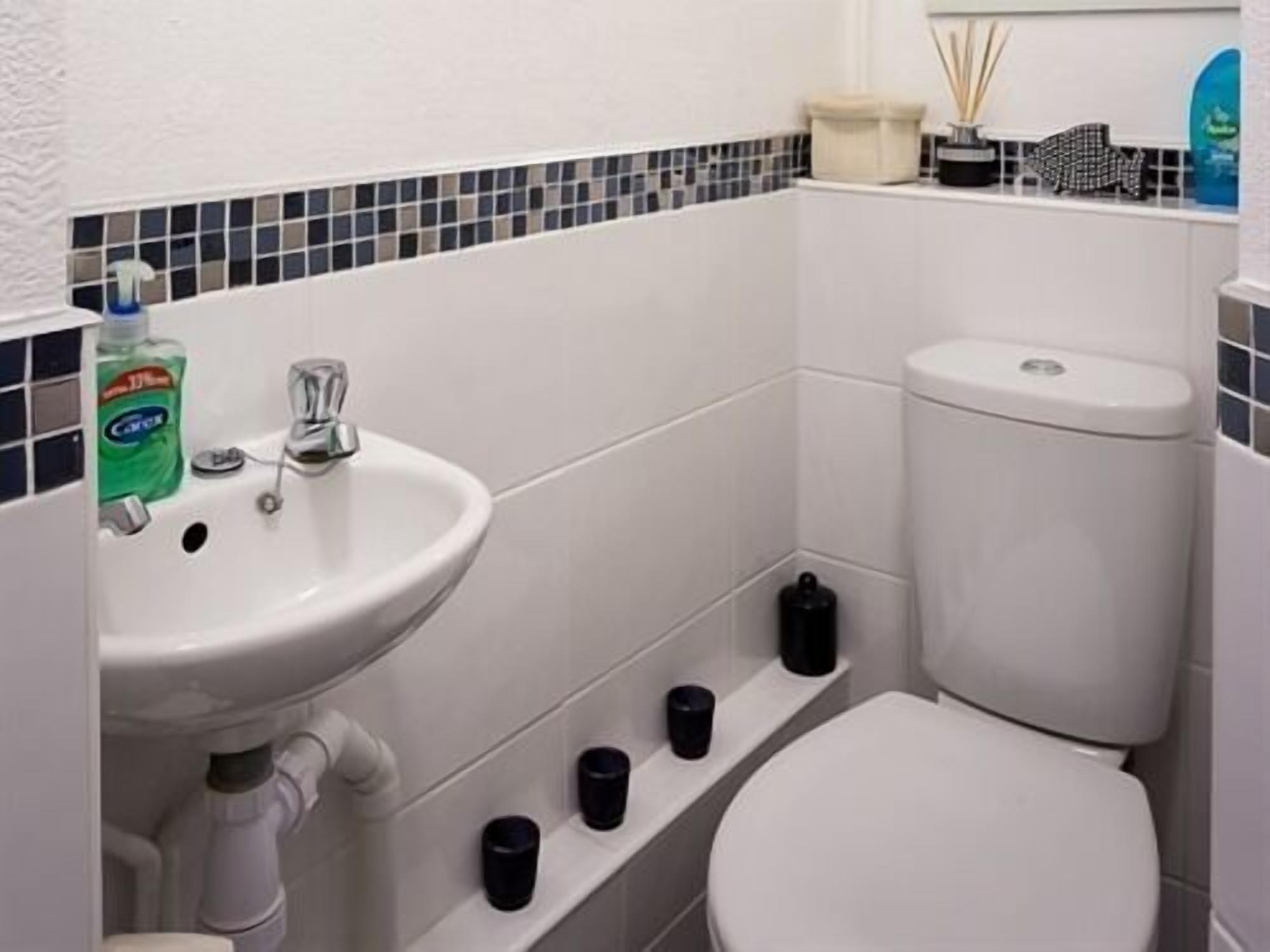 A bathroom with a white sink, toilet, and a shelf with toiletries.