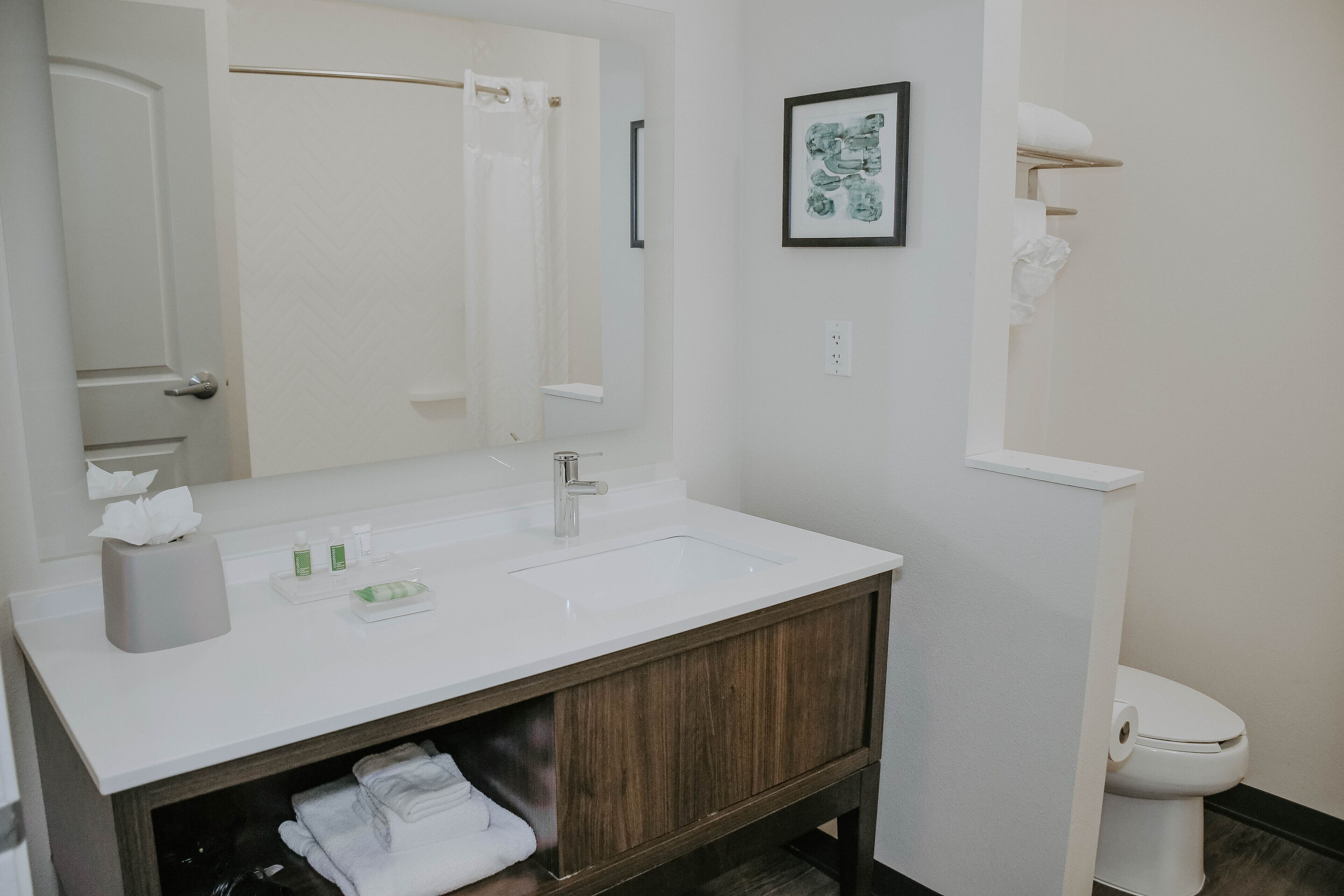 A bathroom with a white sink, wooden vanity, a mirror, a framed picture, and a toilet.