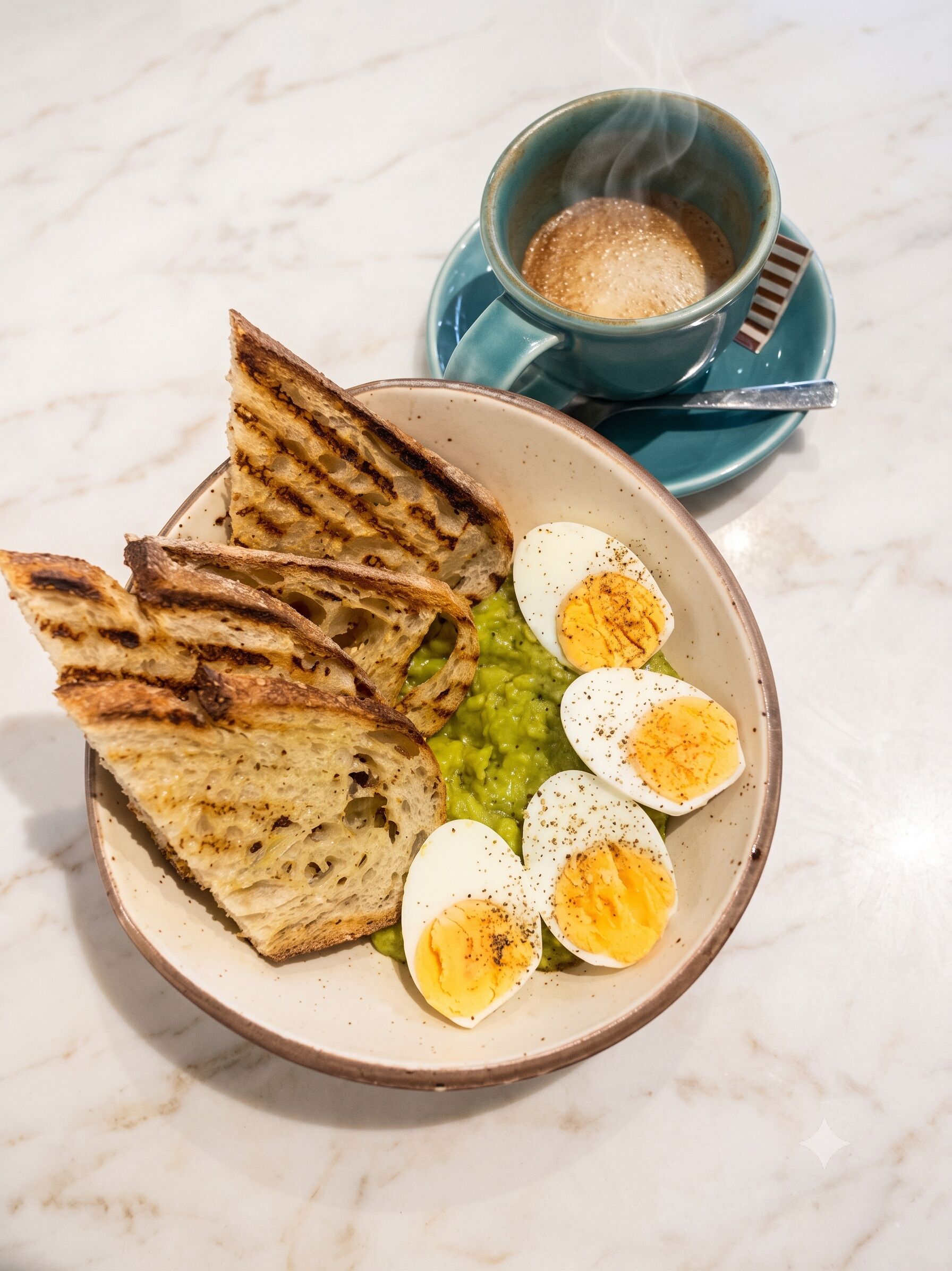 A bowl of food with toasted bread, boiled eggs, and a green spread, accompanied by a steaming cup of coffee on a marble table.