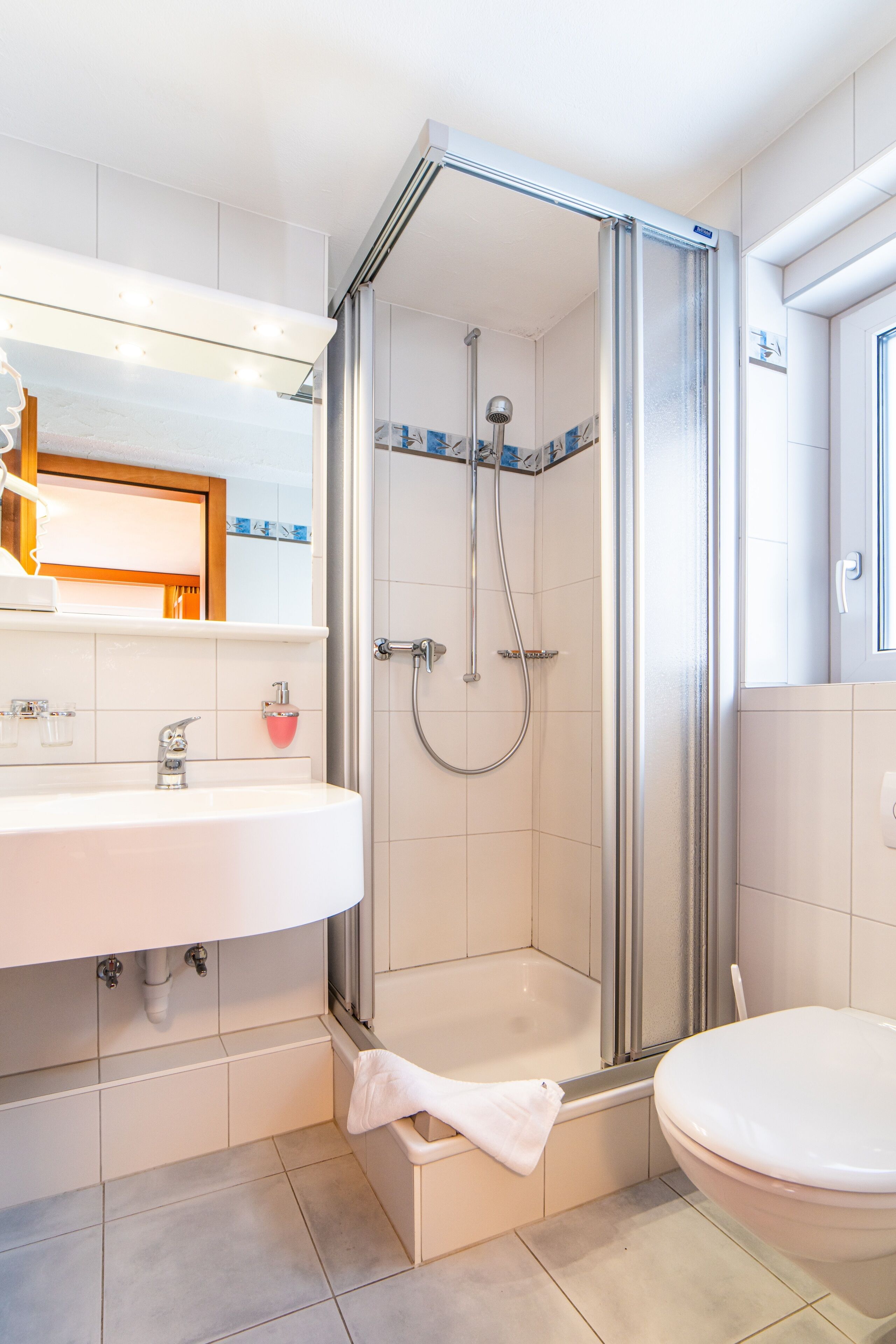 A modern bathroom with a glass-enclosed shower, a white sink, and a toilet.