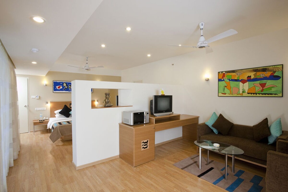 A modern living room with a sofa, a coffee table, a TV, and a microwave. There is a ceiling fan and a painting on the wall.