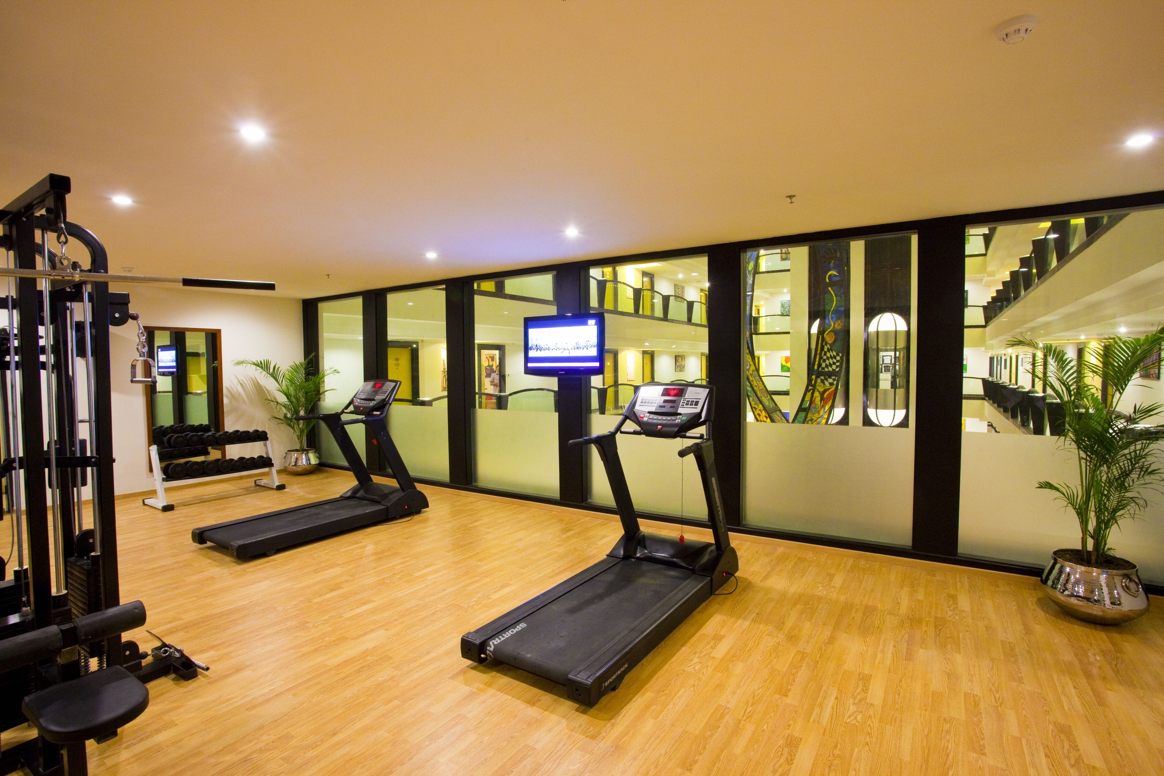 Une salle de sport équipée de tapis de course, d’appareils de musculation et d’un écran de télévision.