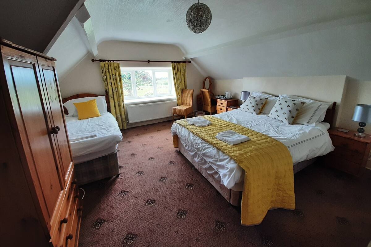 Une chambre avec deux lits, une armoire, une fenêtre avec des rideaux, une chaise, une table de chevet avec une lampe et un luminaire au plafond.