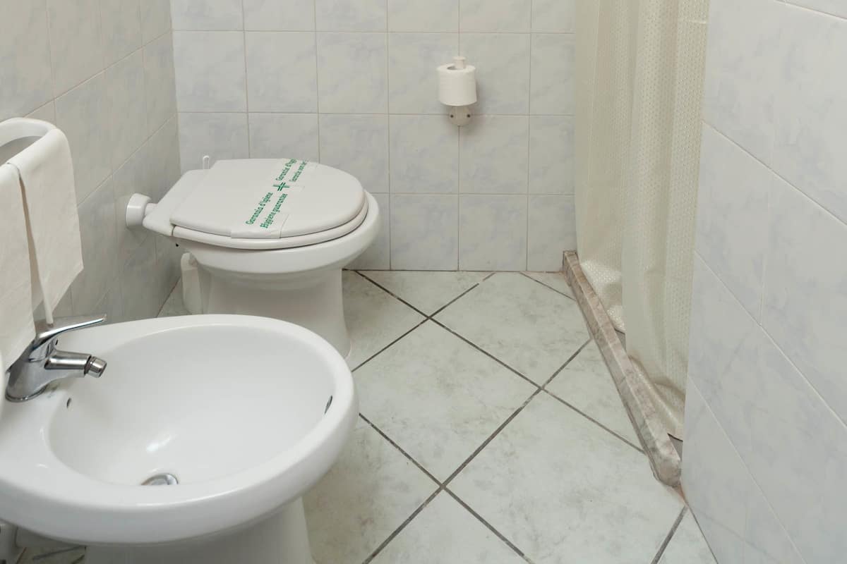 Een badkamer met toilet, wastafel en douchegordijn.
