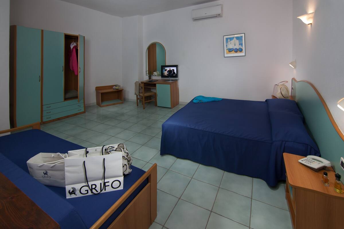 A hotel room with a bed, a desk, a wardrobe, and a bathroom.