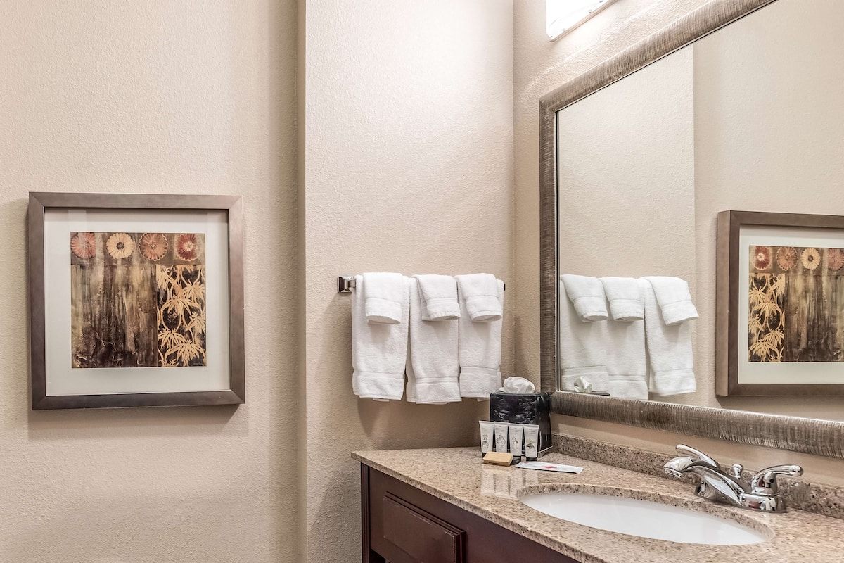 A bathroom with a granite countertop, a white sink, a large mirror, and framed artwork on the wall.