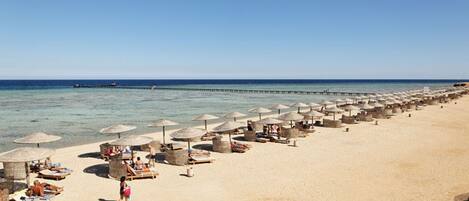 A beach with rows of sun loungers and umbrellas, a pier extending into the sea, and a clear blue sky.