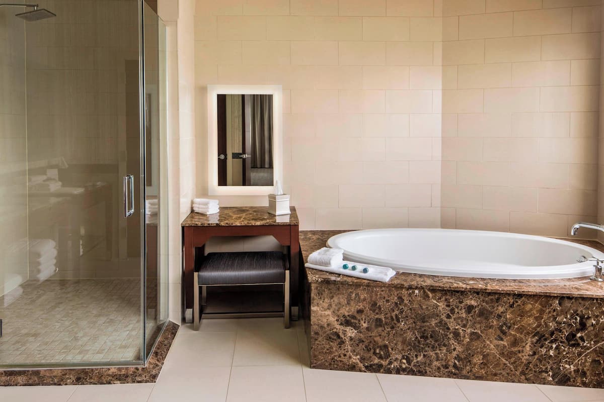 combined shower/bathtub, designer toiletries, hair dryer, bathrobes