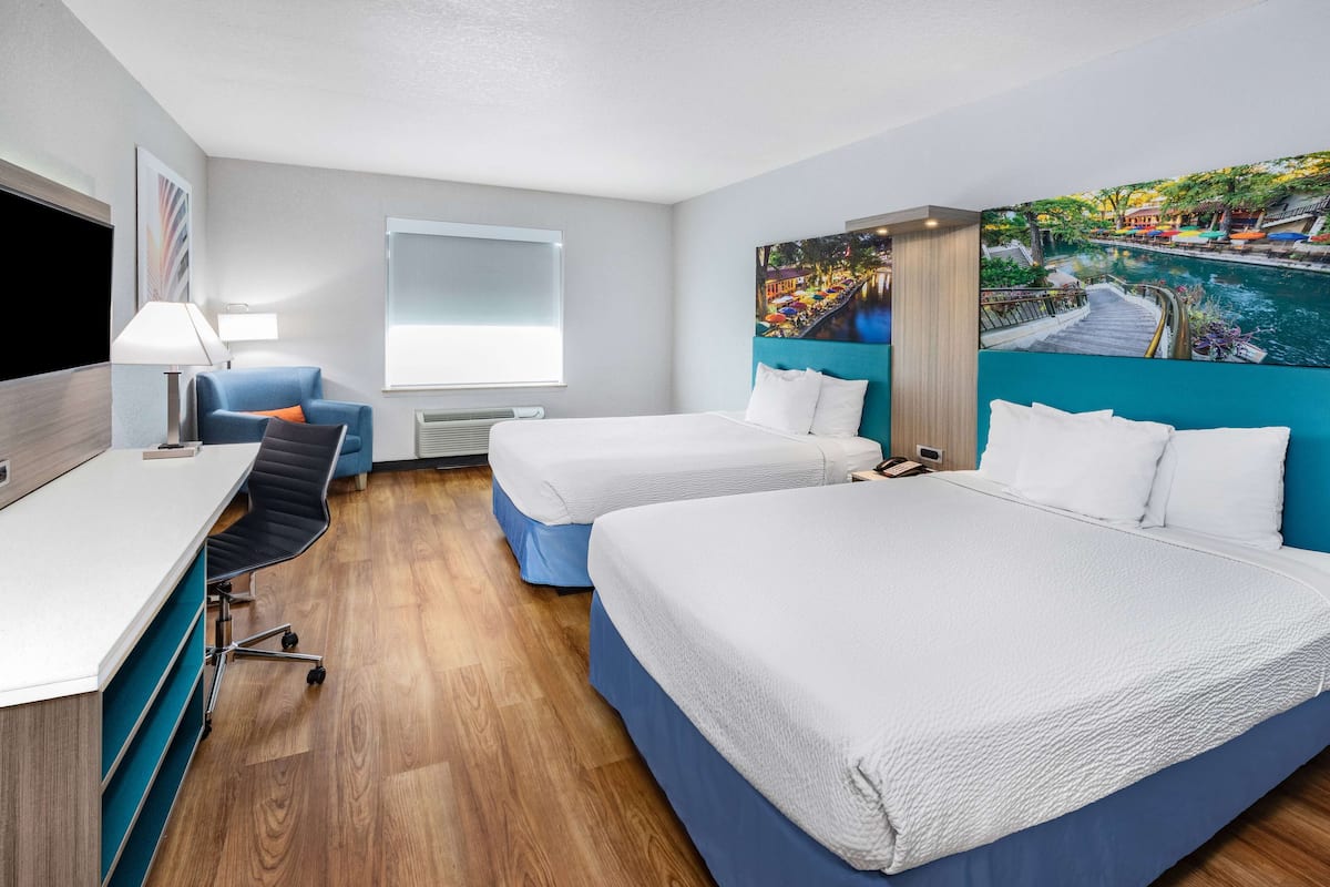 Room, 2 Queen Beds, Non Smoking | Pillowtop beds, desk, blackout drapes, iron/ironing board