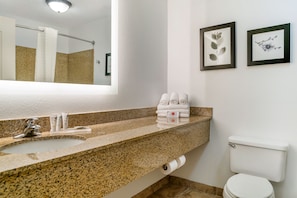 A bathroom with a granite countertop sink, a mirror, a toilet, and framed artwork on the wall.