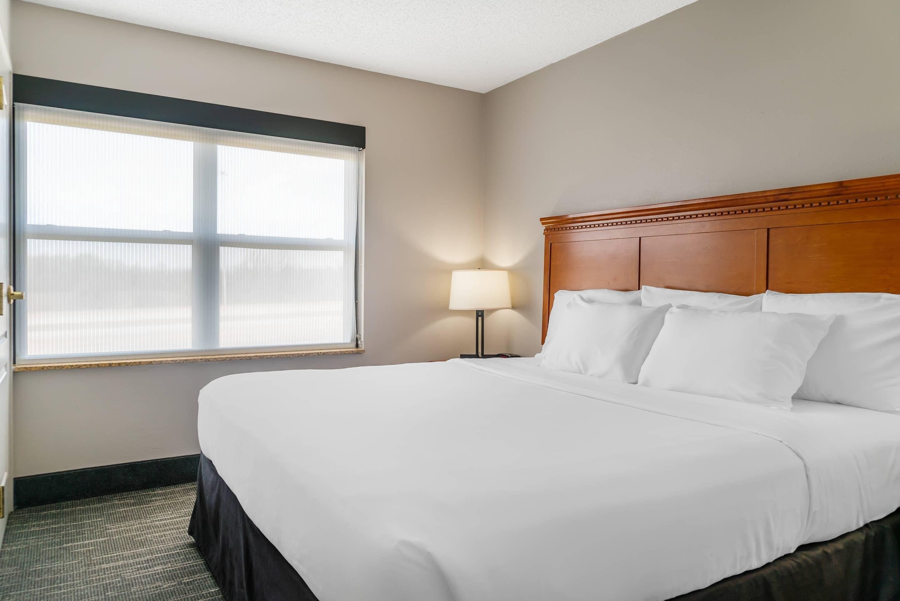 A hotel room with a large bed, a nightstand with a lamp, and a window with blinds.