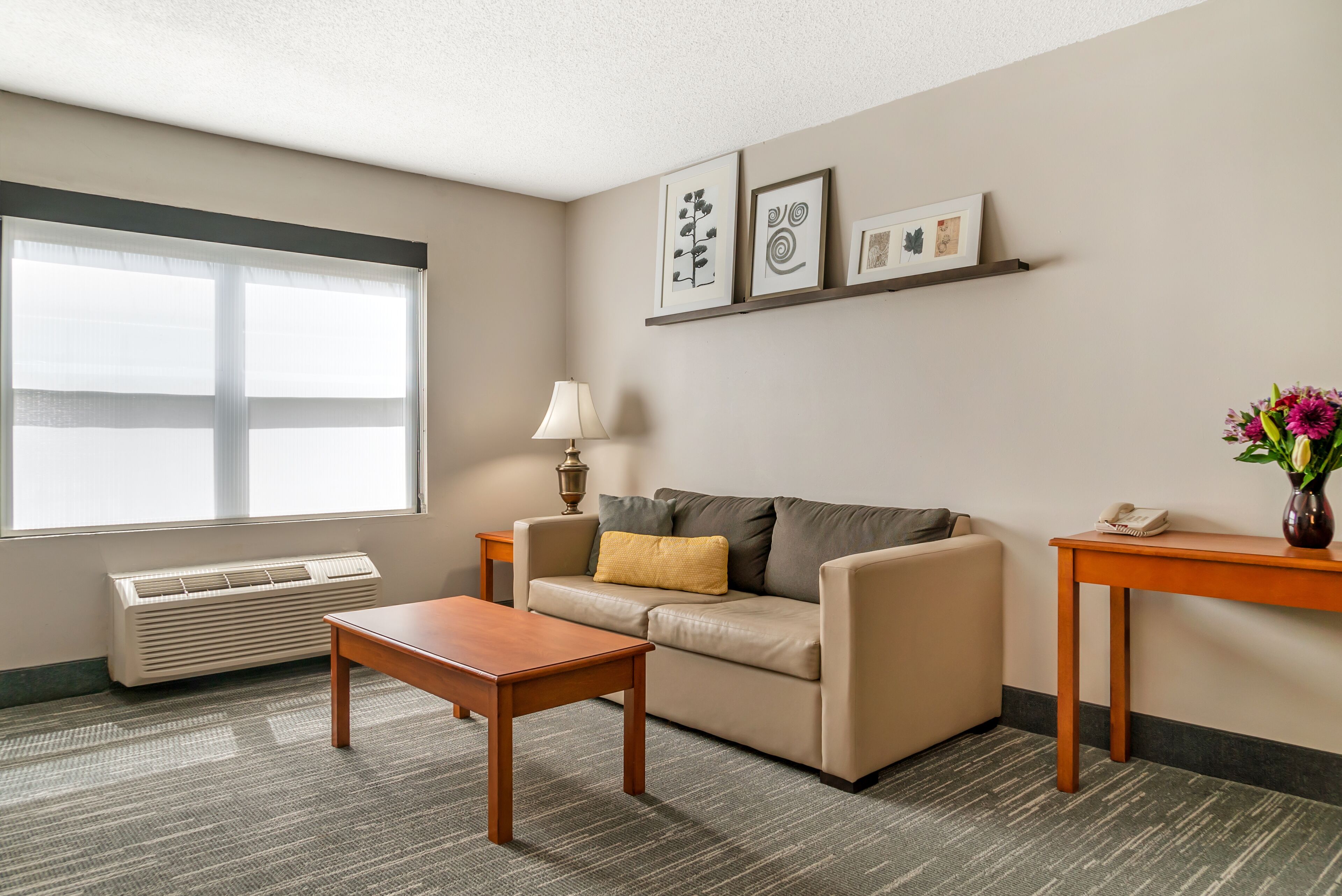 A living room with a sofa, a coffee table, a lamp, a side table, and framed artwork on the wall.