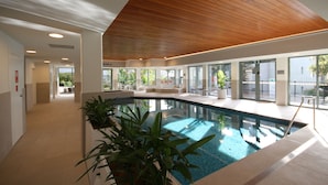 Piscina interior moderna com teto de madeira, amplas janelas e plantas em vasos.