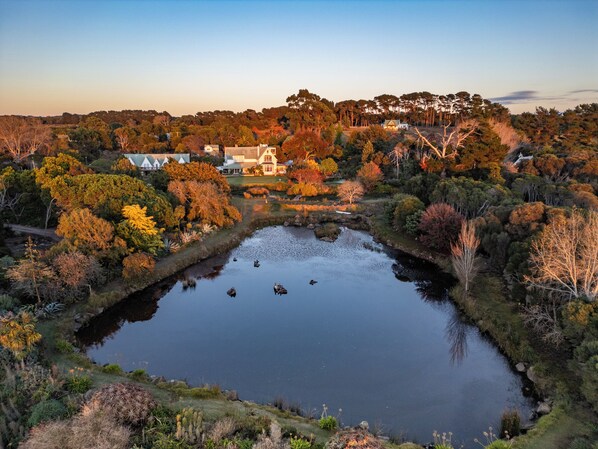 A serene lake with ducks, surrounded by trees and a house with a distinctive roof. - Hawley House (Hawley Beach)