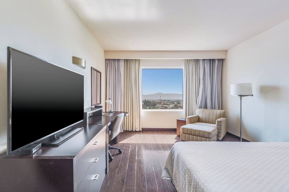 Habitación de hotel con una amplia televisión de pantalla plana, un escritorio con lámpara, un sillón cómodo, una cama y vistas a un paisaje urbano a través de la ventana.
