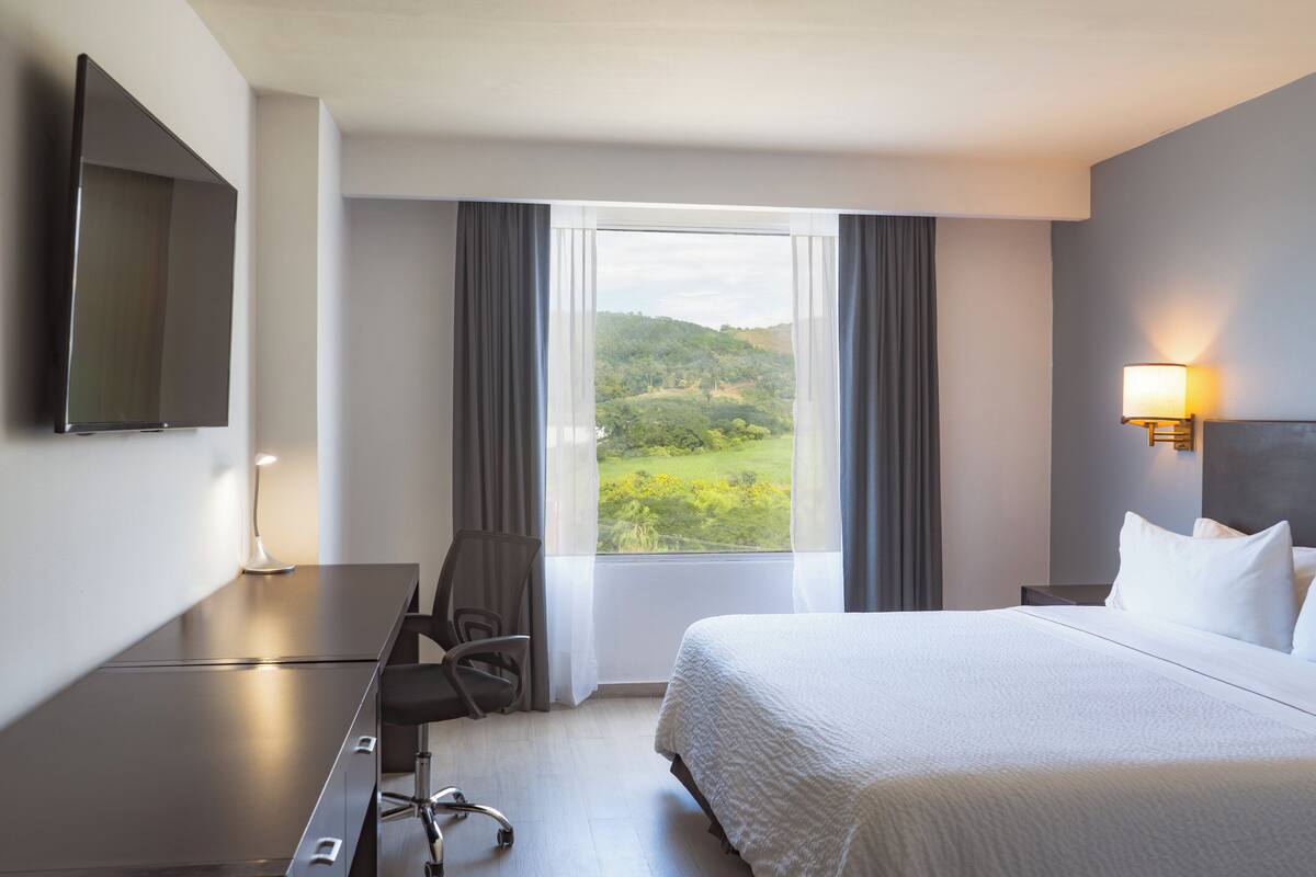 Una habitación de hotel con cama, escritorio, silla, televisor y ventana con cortinas.