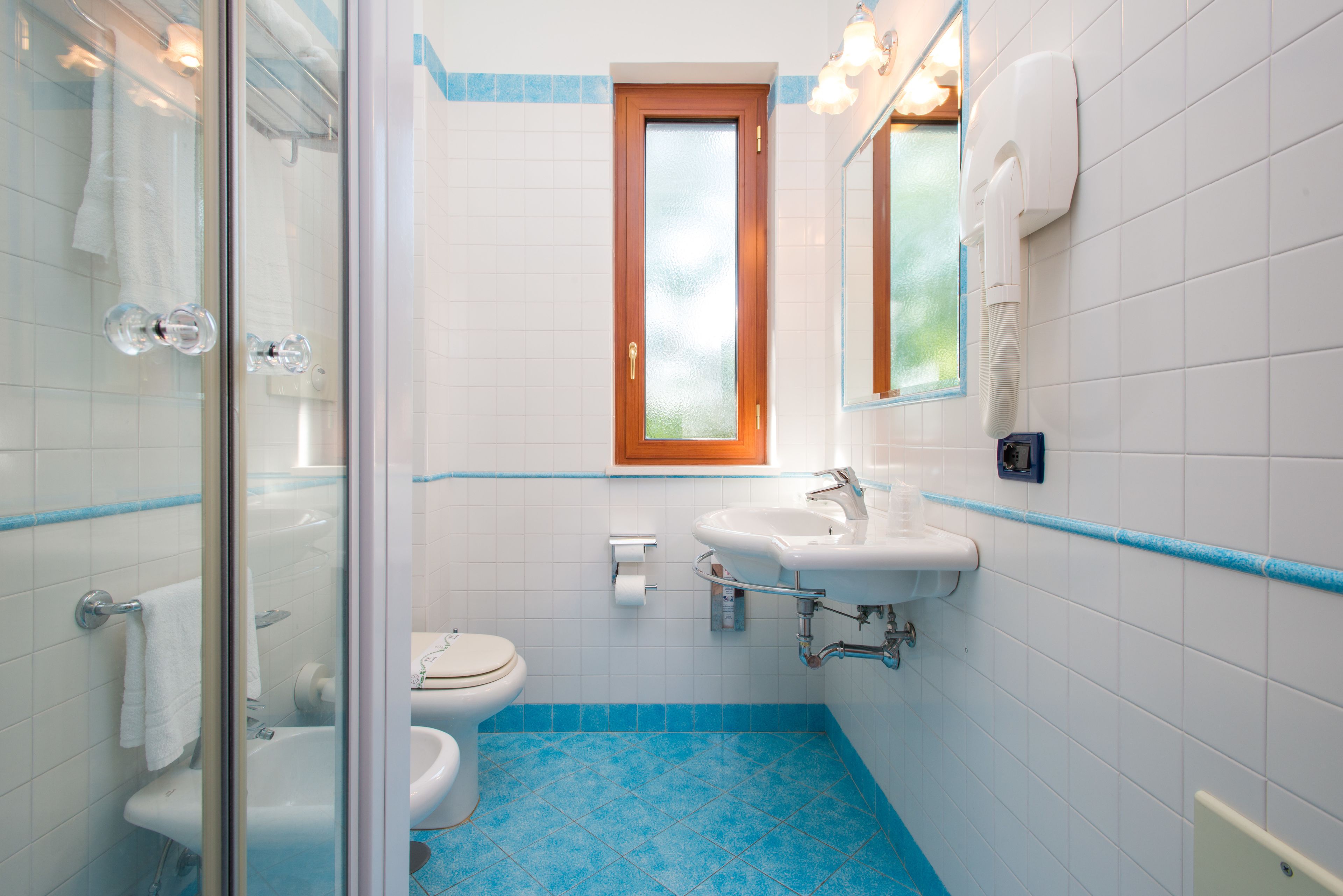 shower, hair dryer, bidet, towels