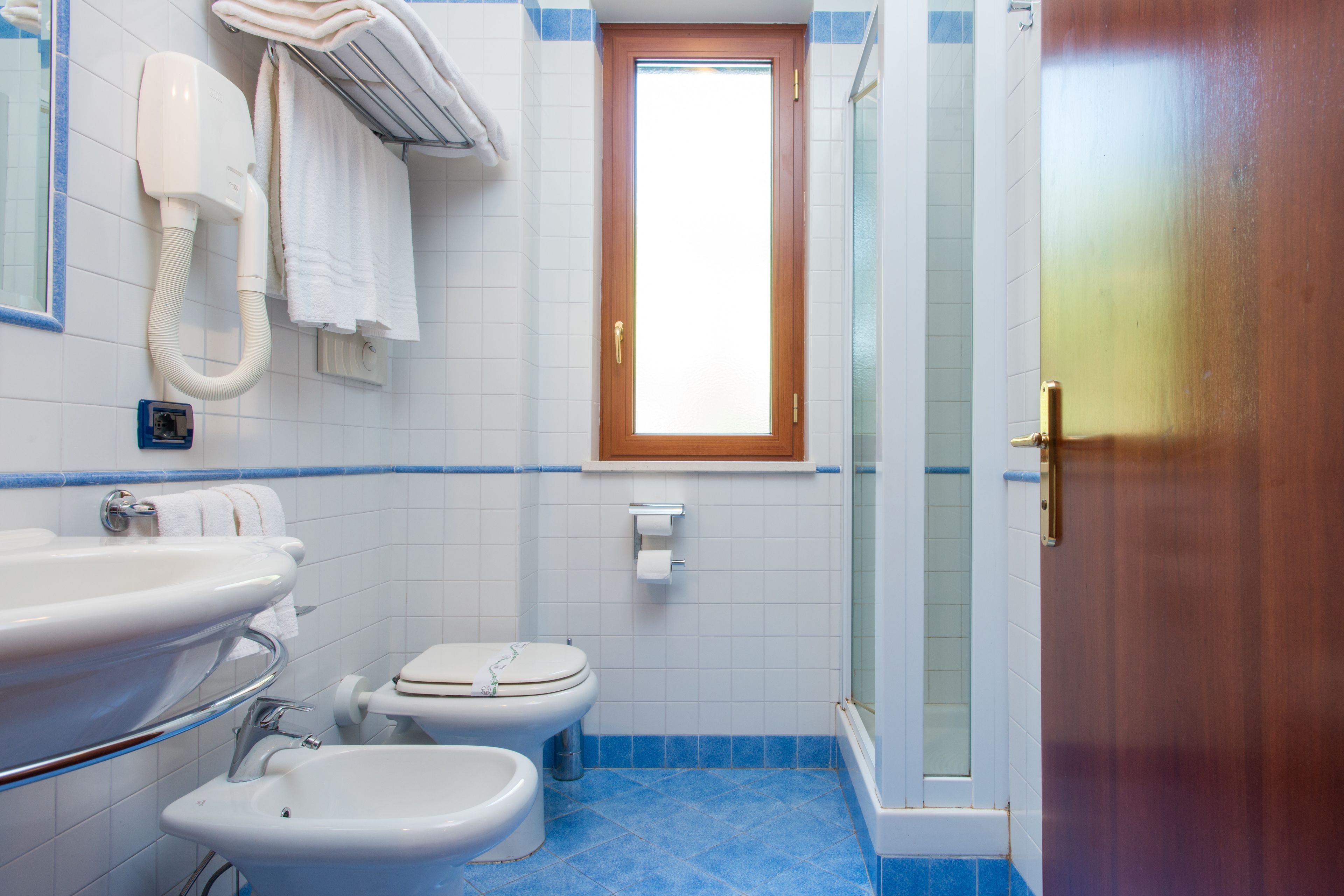 shower, hair dryer, bidet, towels