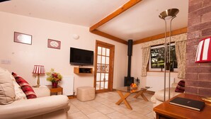 A living room with a sofa, a coffee table, a TV, a fireplace, and a window with curtains. - Greyfield Farm Cottages (Bristol)