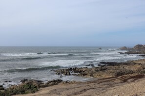 Una costa rocosa con olas rompiendo en la orilla.