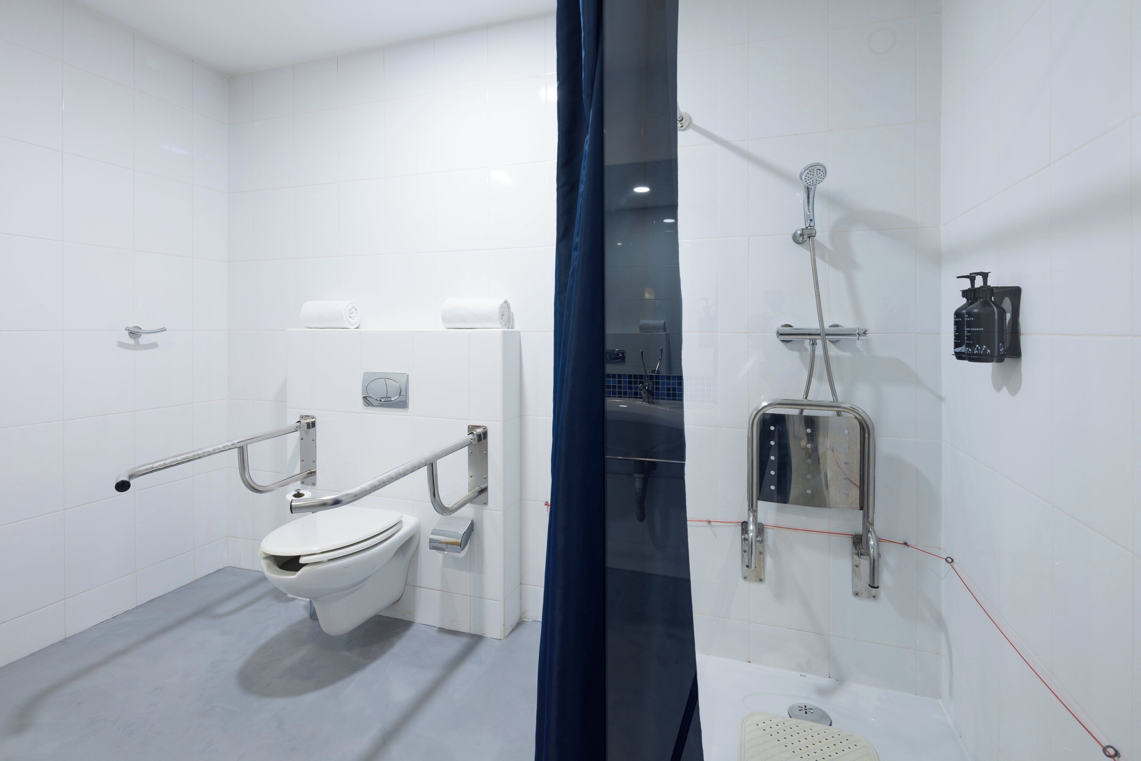 Une salle de bain moderne avec des toilettes blanches, une douche équipée d’un pommeau de douche amovible et d’une barre d’appui pour faciliter l’accès.