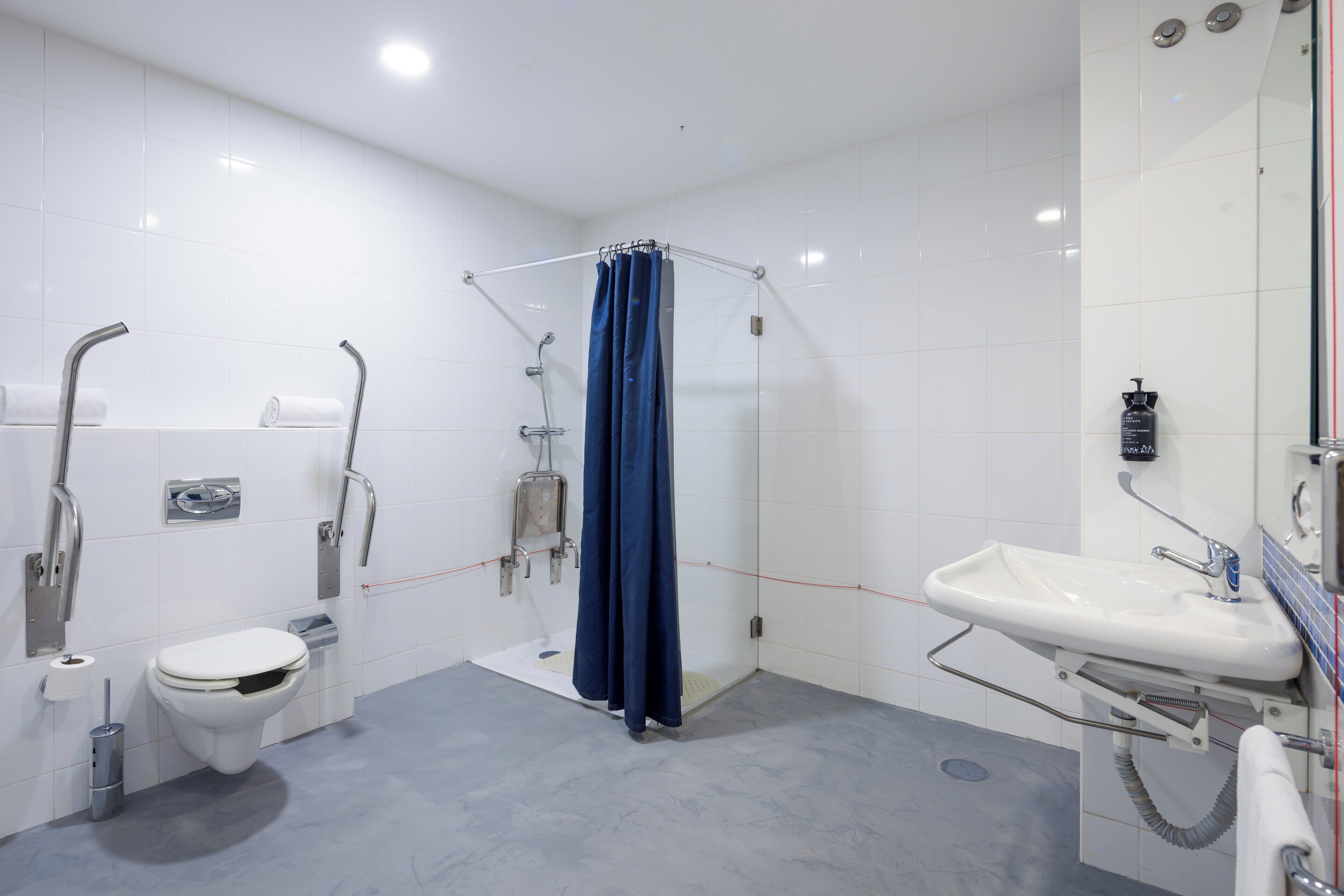 A modern bathroom with a white toilet, a shower with a blue curtain, a sink with a handheld showerhead, and a handrail.