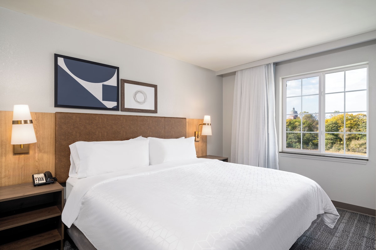 A hotel room with a large bed, two bedside tables with lamps, a framed abstract artwork, and a window with a view of trees and a building.