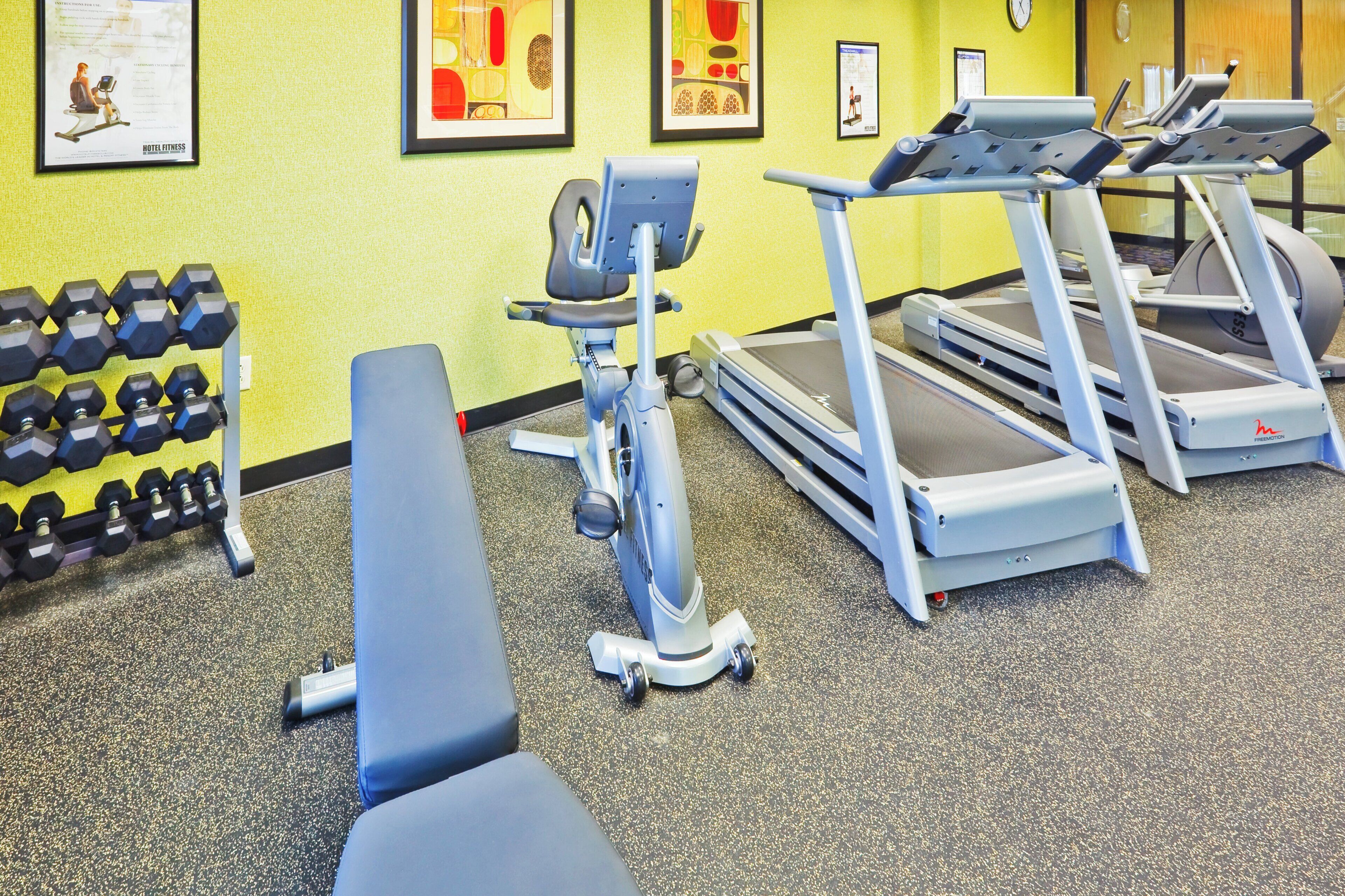A gym with exercise equipment including treadmills, a stationary bike, and dumbbells.