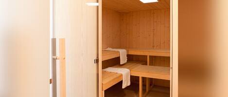A wooden sauna with two benches and a sloped ceiling.