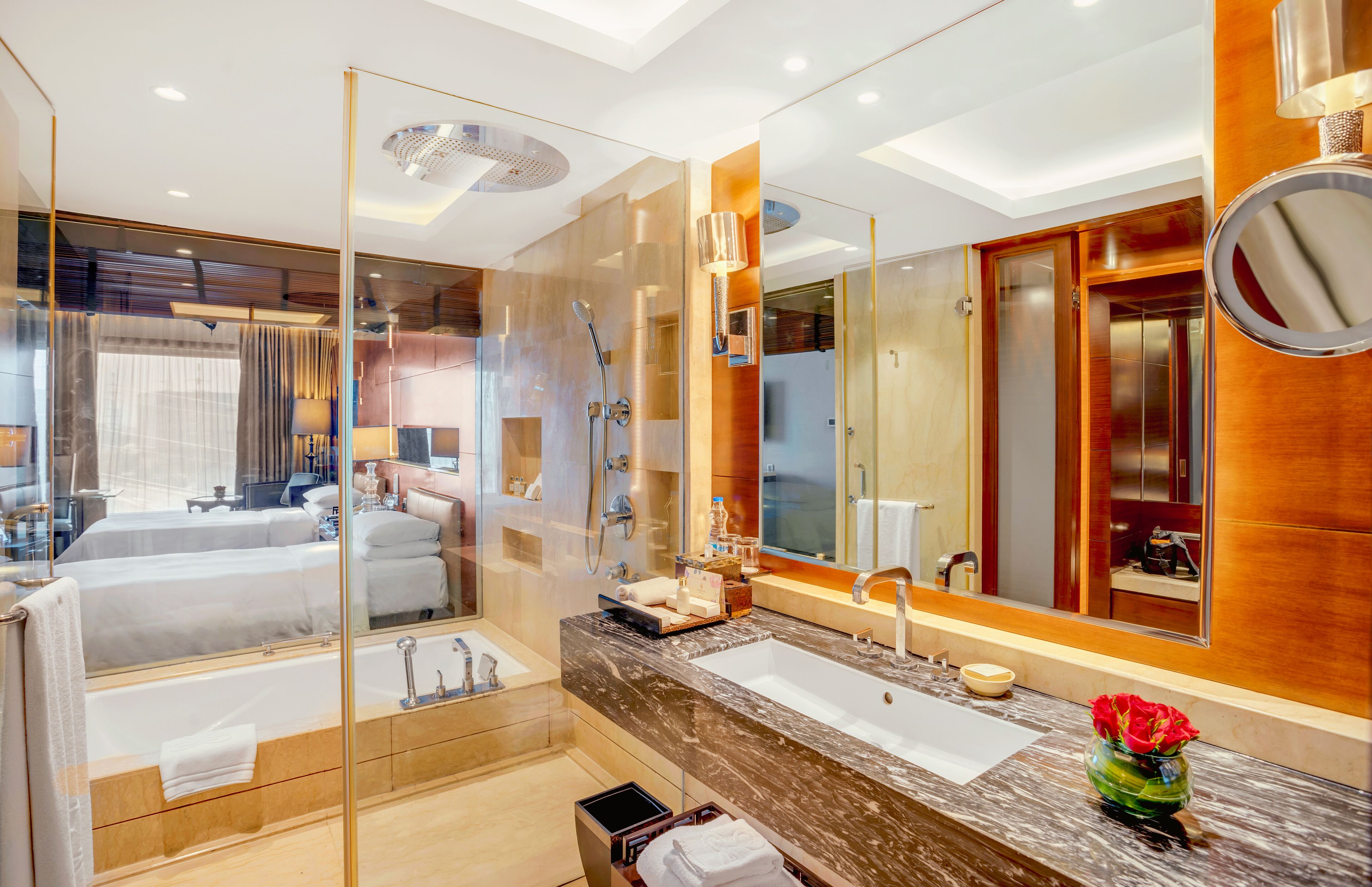 deluxe room, 2 single beds | bathroom | separate bathtub and shower, deep-soaking bathtub, rainfall showerhead