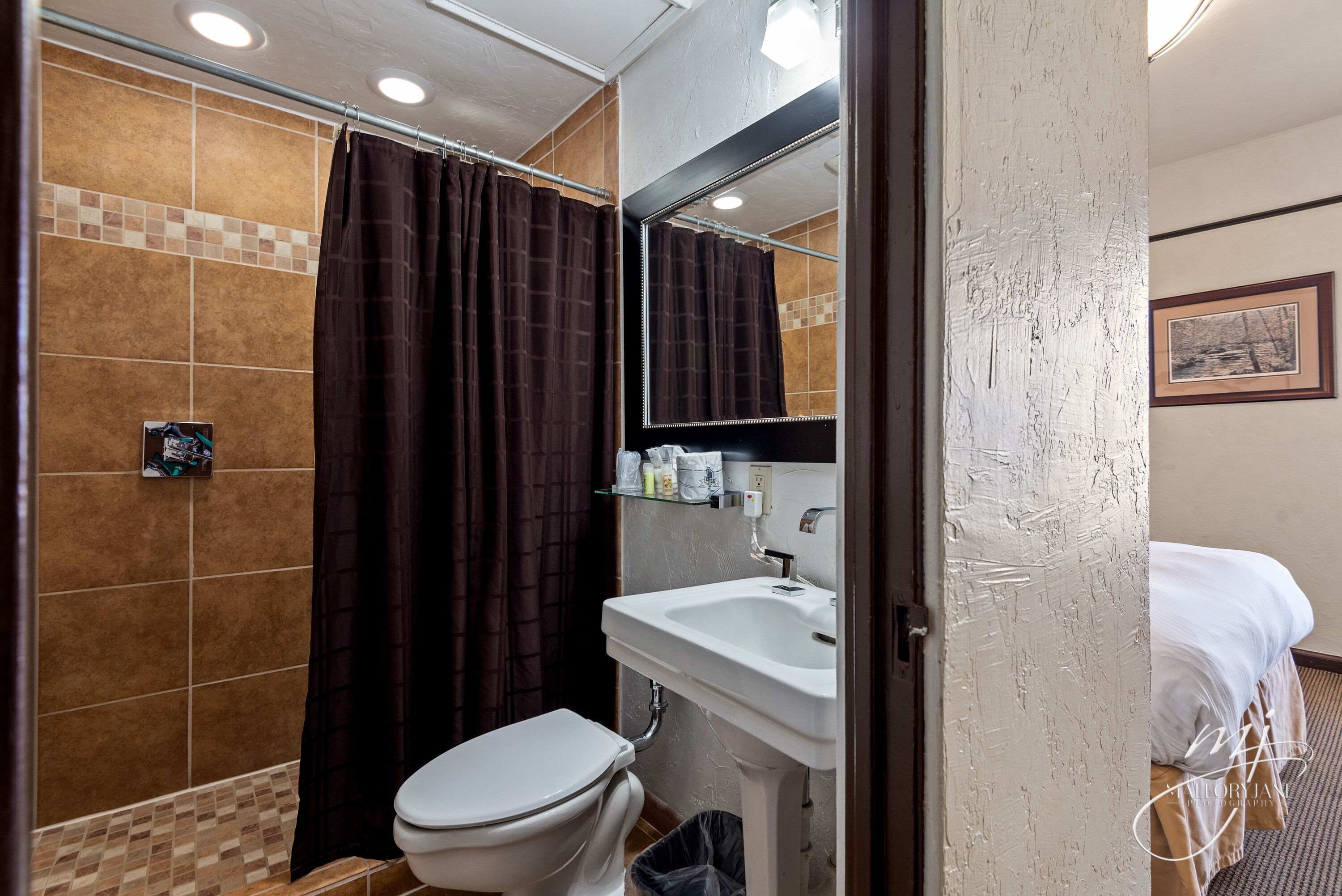 A bathroom with a toilet, sink, and shower curtain.