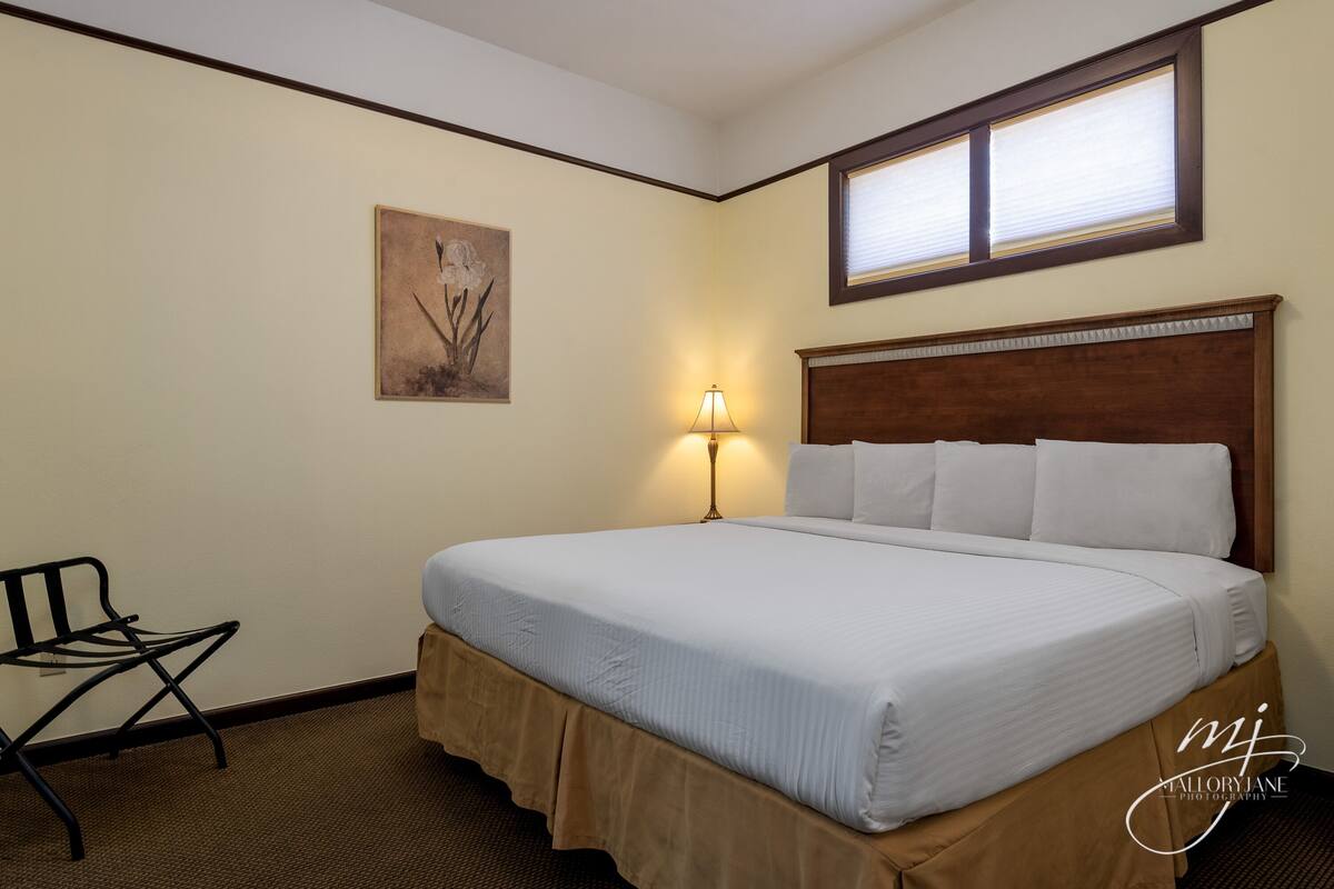 A hotel room with a large bed, a nightstand with a lamp, a chair, and a painting on the wall.