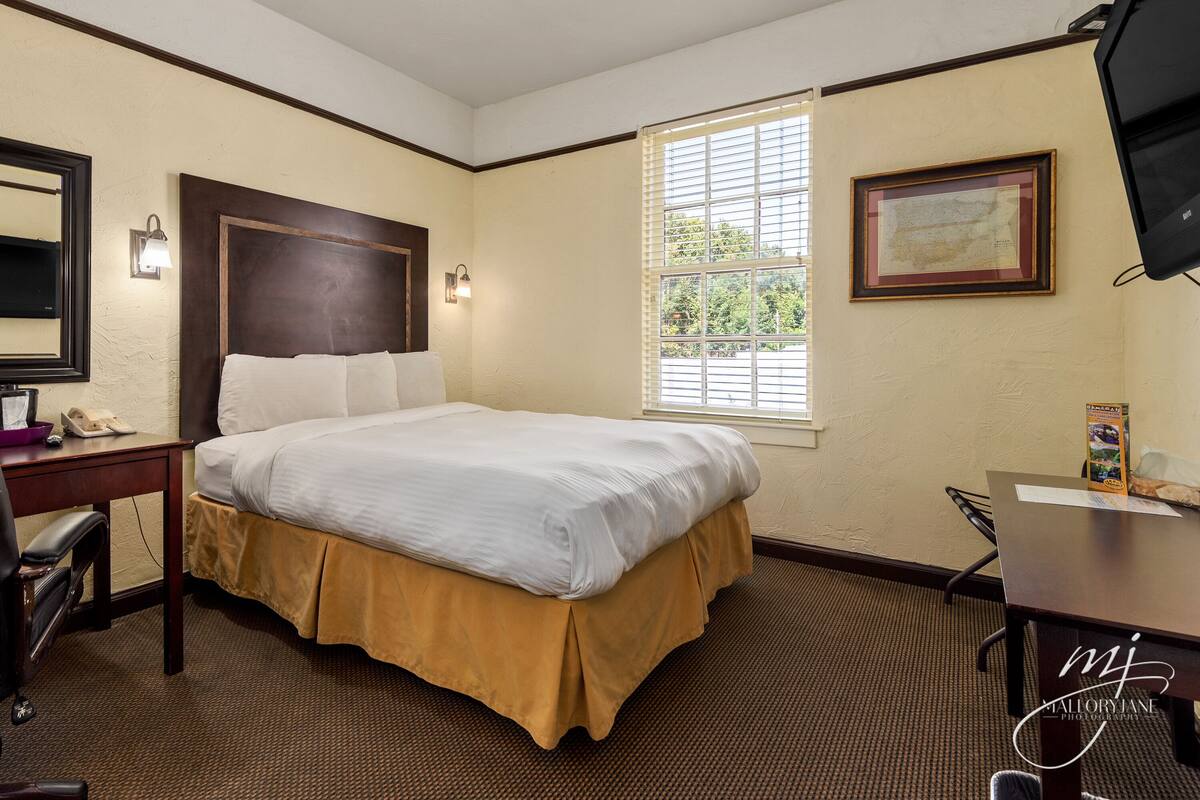A hotel room with a bed, a desk, a chair, a telephone, a window with blinds, a framed picture on the wall, and a television.