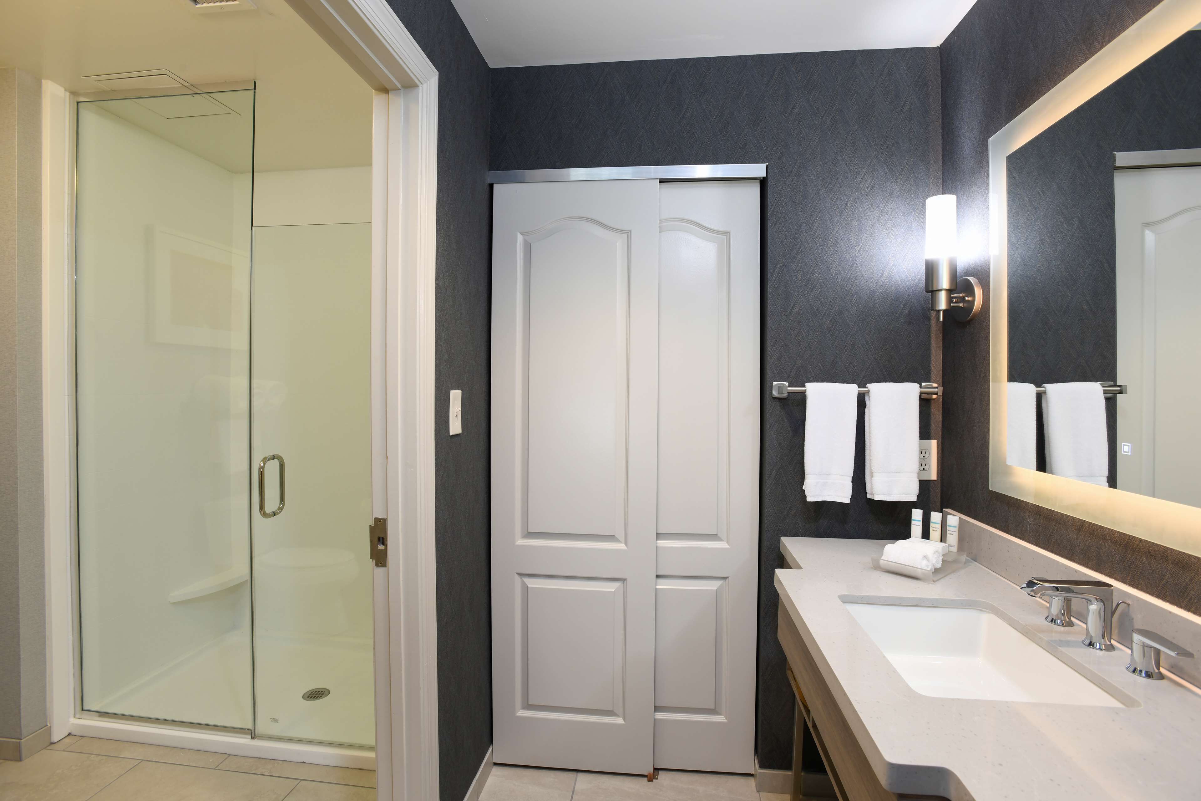 Un baño moderno con cabina de ducha de vidrio, puerta doble blanca y un espejo grande con lámpara sobre el lavabo.