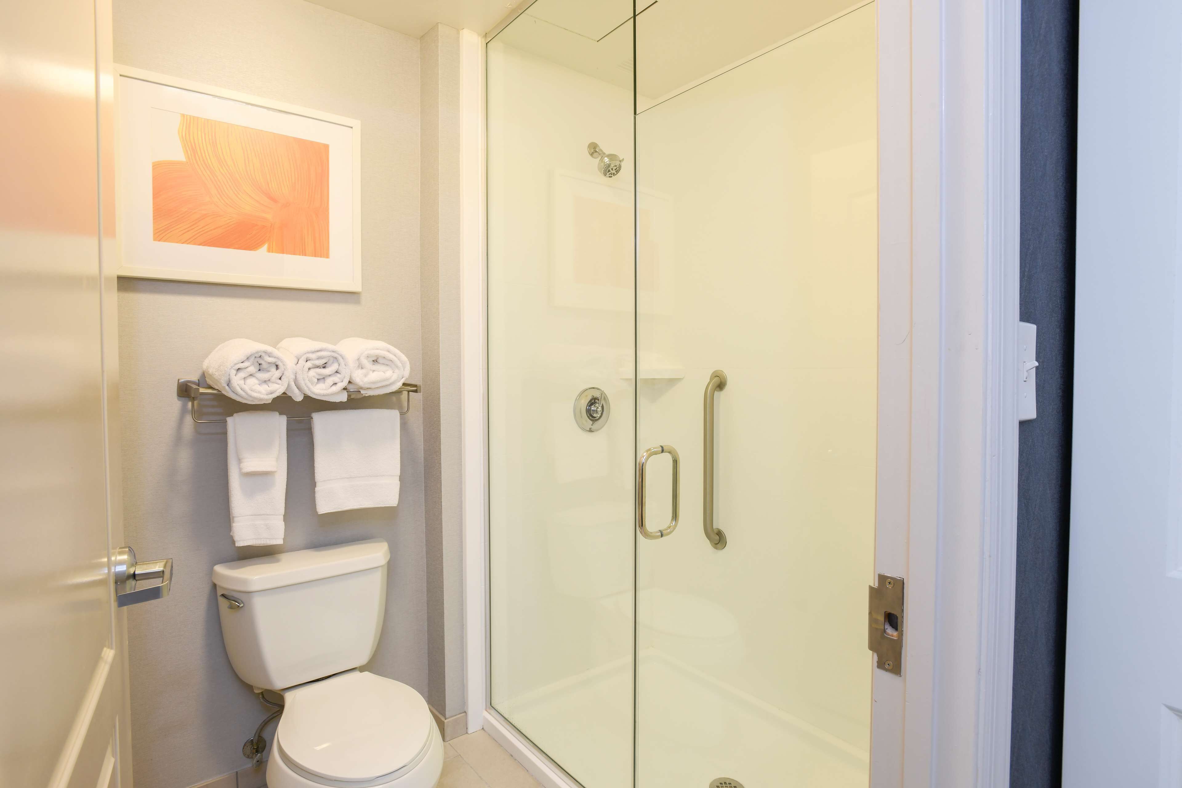 A modern bathroom with a glass shower enclosure, a toilet, and a towel rack with folded towels.