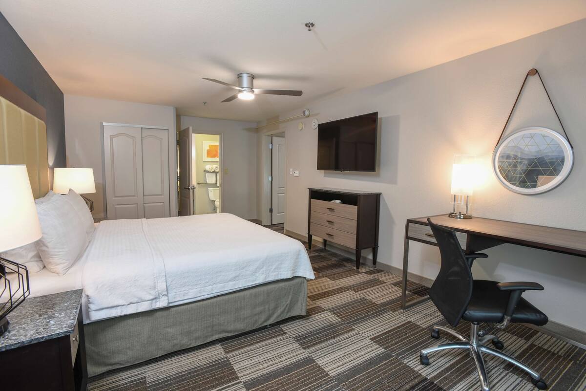 A hotel room with a bed, desk, chair, TV, and a ceiling fan.