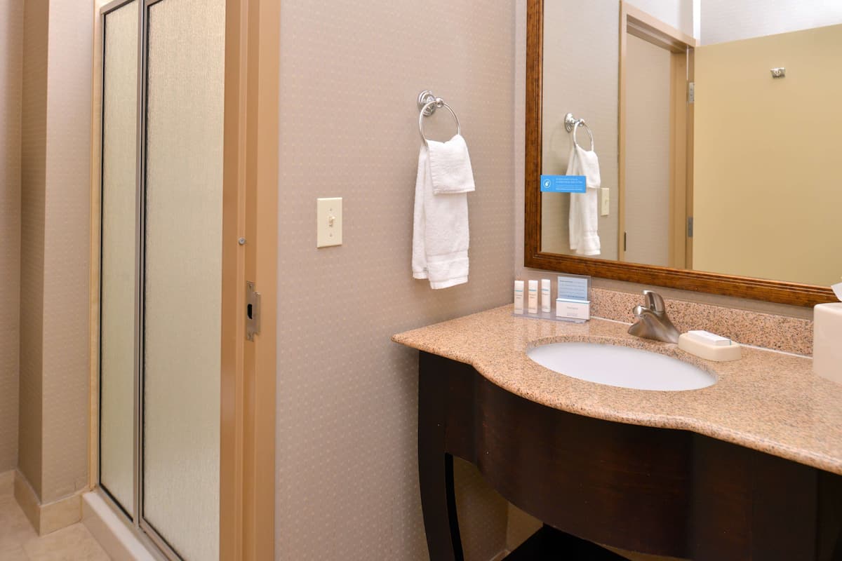 queen bed | bathroom | combined shower/bathtub, free toiletries, hair dryer, towels