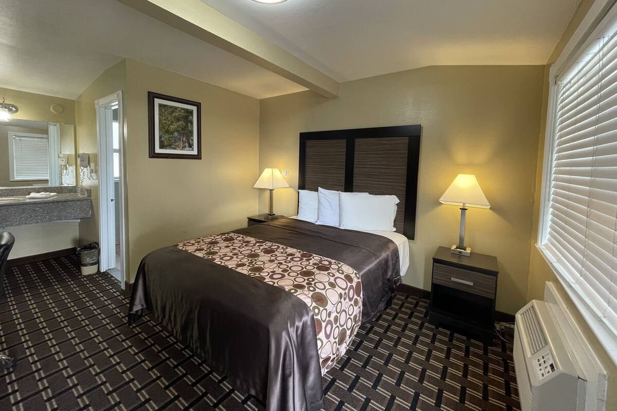 A hotel room with a bed, two bedside lamps, a nightstand, a dresser, a mirror, a framed picture, and a radiator.