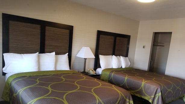 A hotel room with two beds, each with a patterned bedspread, a bedside lamp, and a telephone. - Beverly Lodge (South Lake Tahoe)