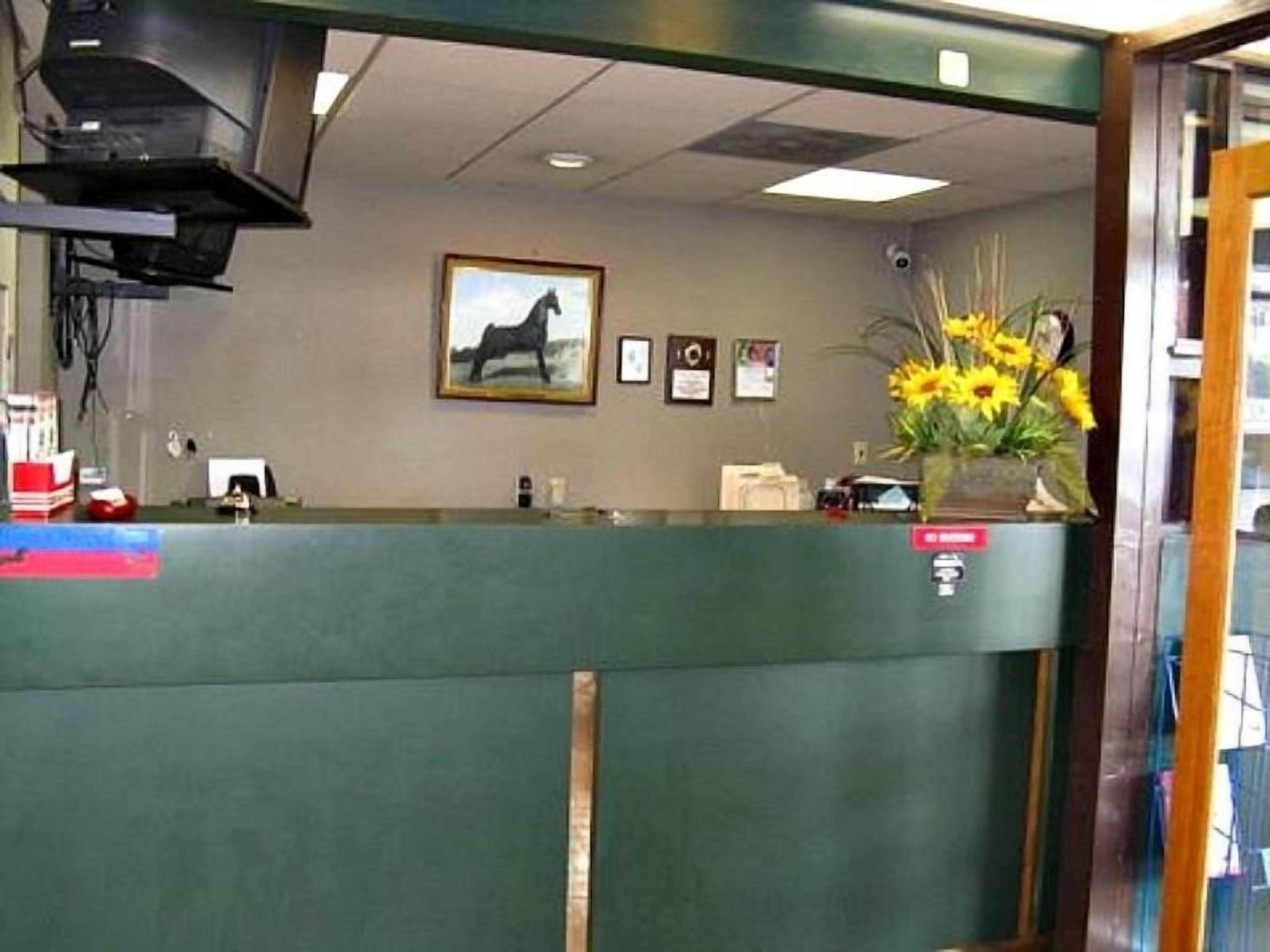 A reception desk with a framed horse painting, a flower vase, and a security camera on the wall.